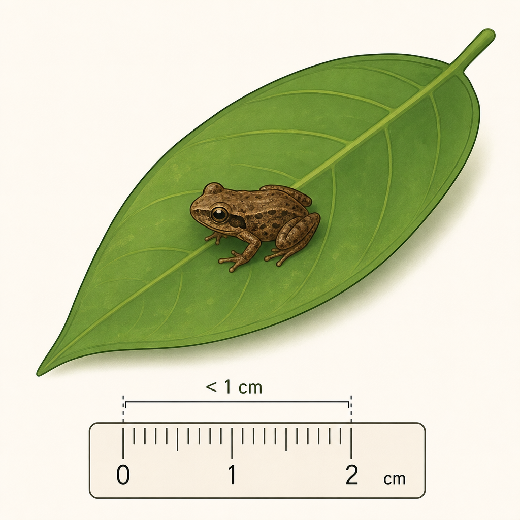A tiny brown frog less than one centimeter long resting on a green leaf in the Brazilian Atlantic Forest