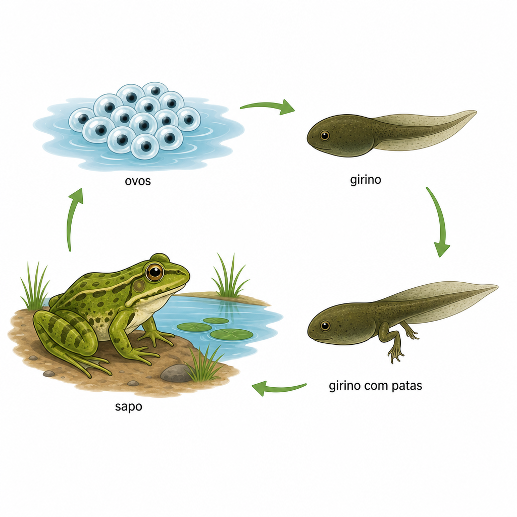 A frog life cycle showing eggs in water, a tadpole, a tadpole with legs, and an adult frog beside a pond