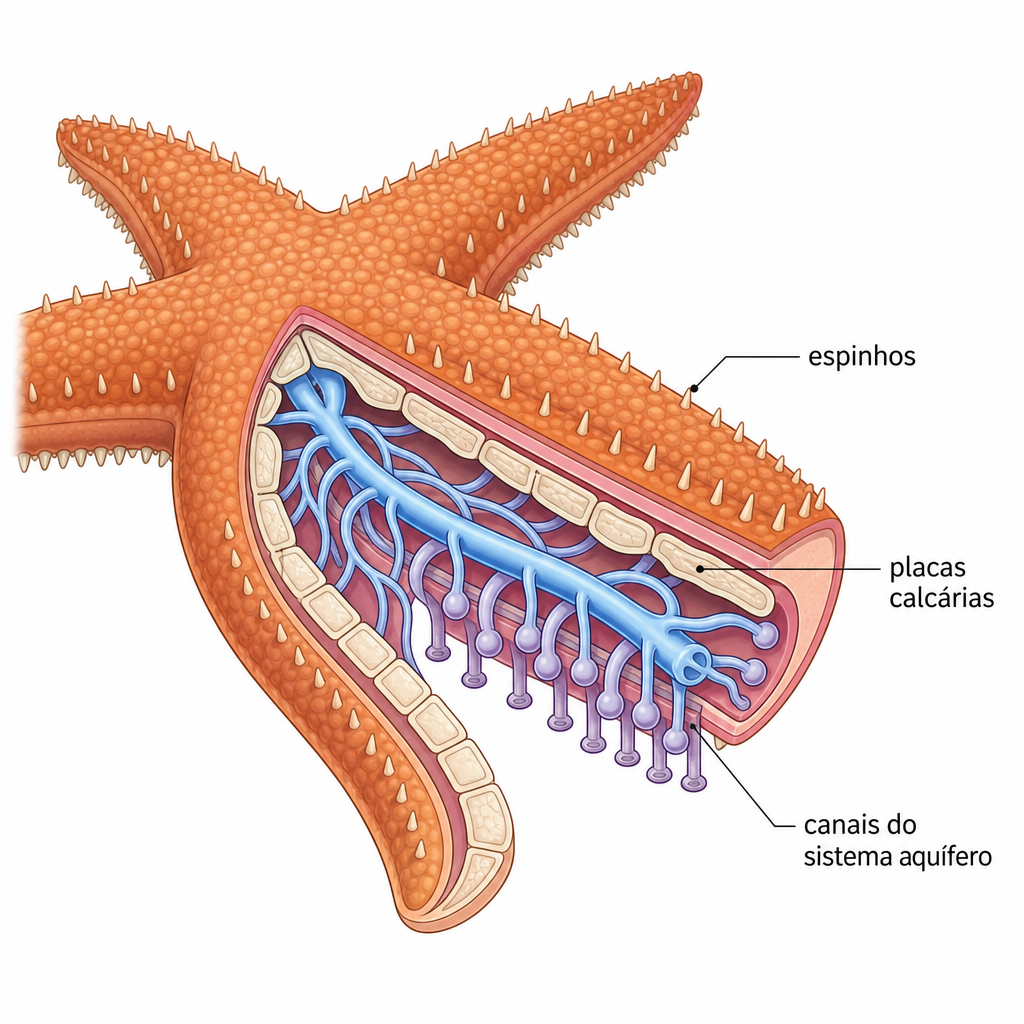 A sea star cross-section showing internal calcareous plates, surface spines, and water vascular canals in its arms