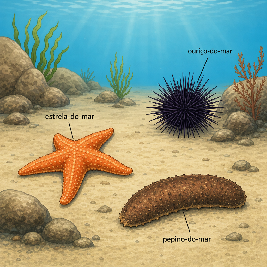 A shallow ocean floor with a sea star, sea urchin, and sea cucumber among rocks, sand, and marine plants