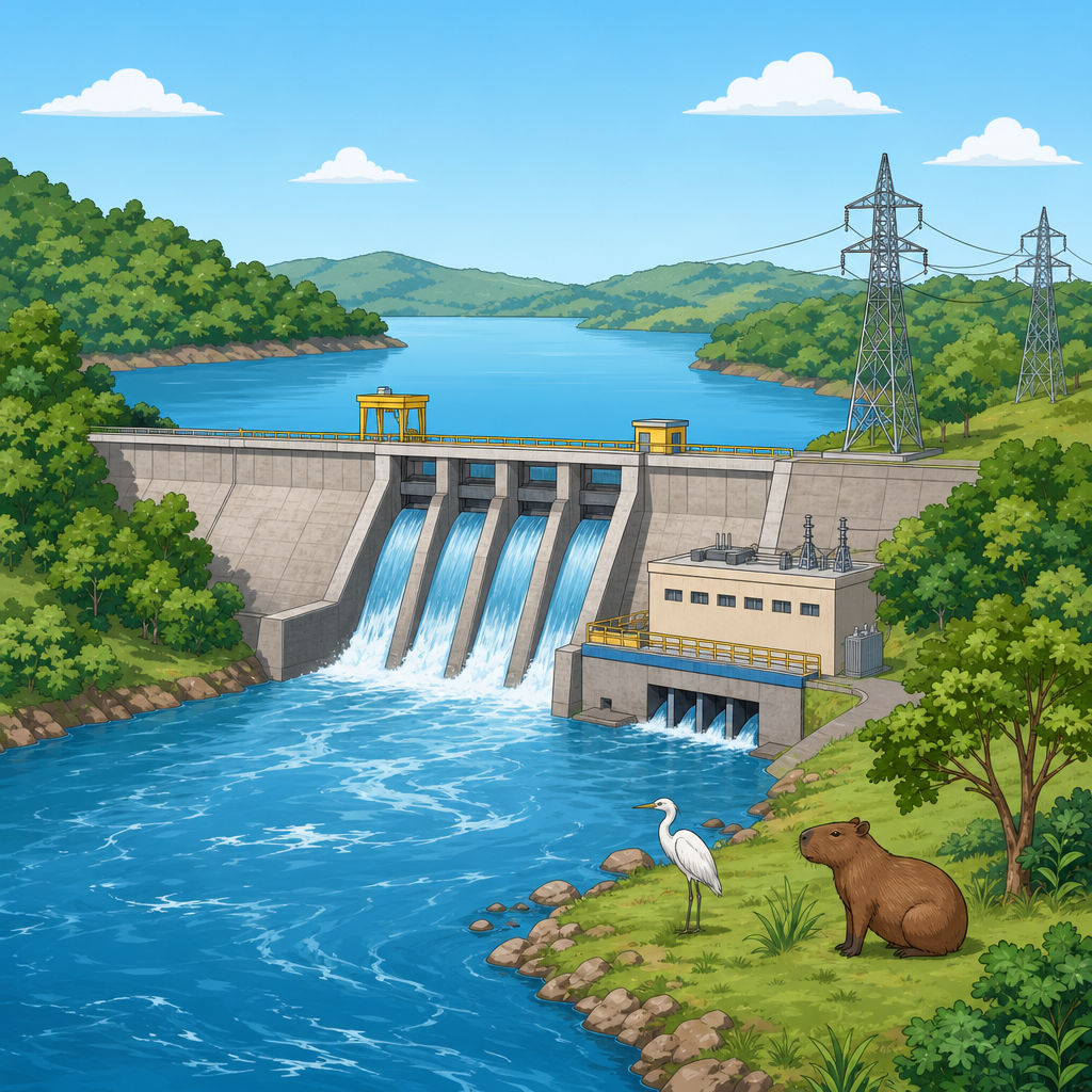 A hydroelectric dam across a river with a reservoir, surrounding forest, transmission lines, and animals near the shoreline
