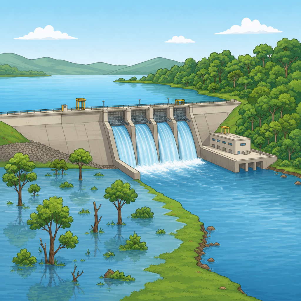 A hydroelectric dam creating a reservoir beside flooded vegetation and nearby forest habitat