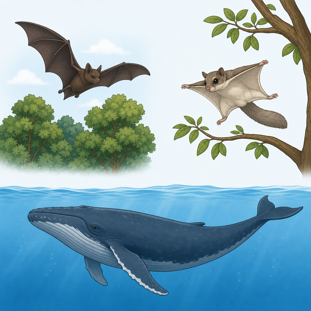 A whale swimming underwater, a bat flying above trees, and a flying squirrel gliding between branches