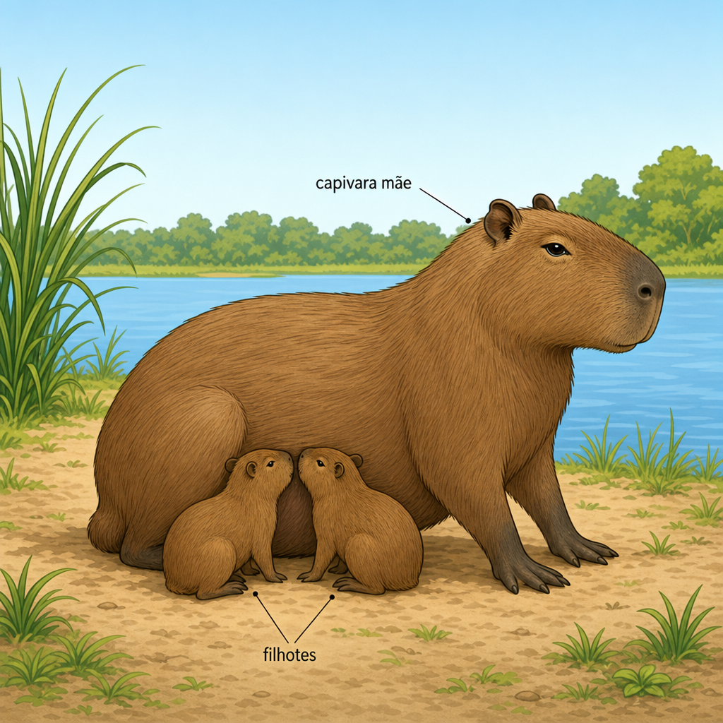 A capybara mother nursing two young capybaras beside calm water and green vegetation