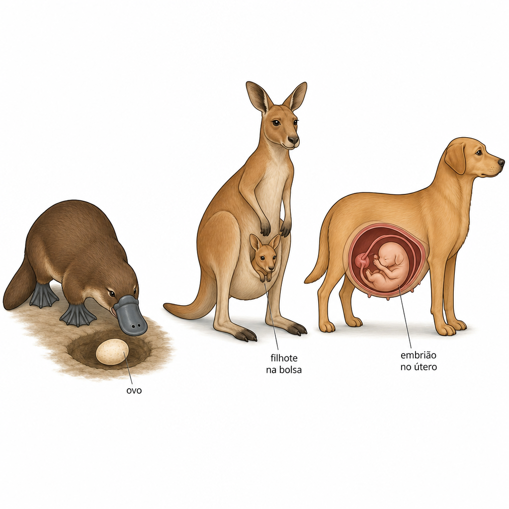 Three mammal mothers showing an egg-laying platypus, a kangaroo with a young in its pouch, and a pregnant dog with an embryo developing in the uterus