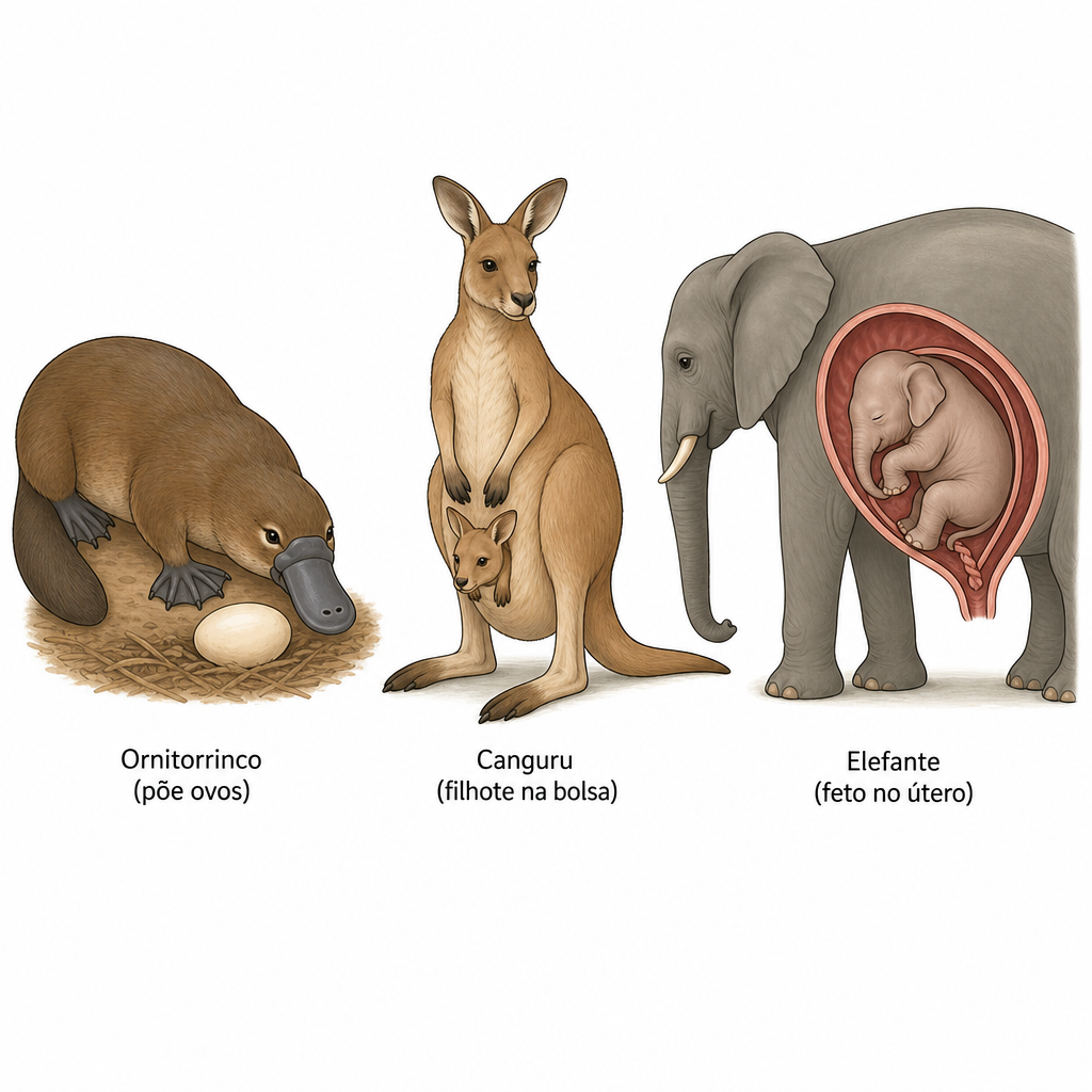 Three mammal offspring development examples showing an egg-laying platypus, a kangaroo with a young in its pouch, and an elephant fetus developing in the uterus
