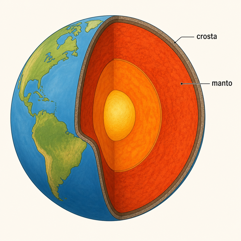 O manto aparece em destaque abaixo da crosta terrestre.