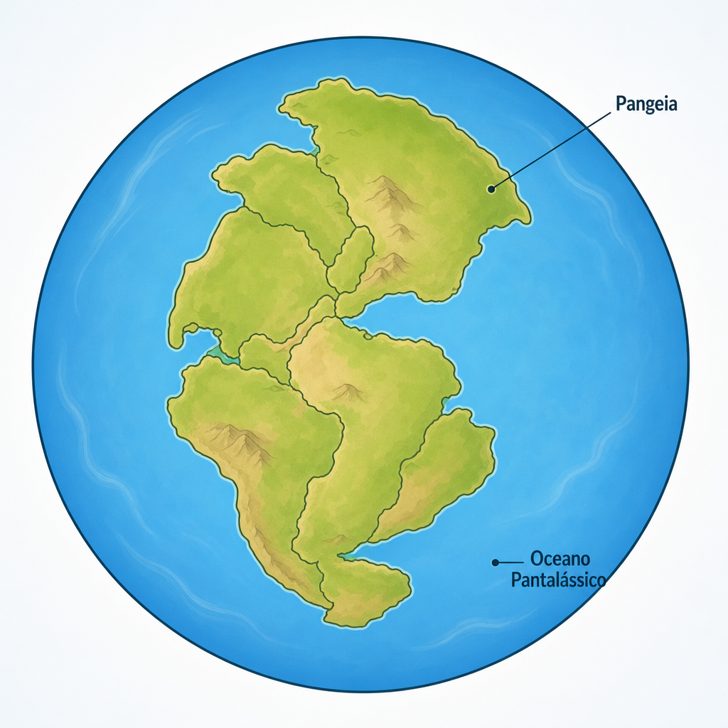 A Pangeia aparece como uma única grande área de terra.